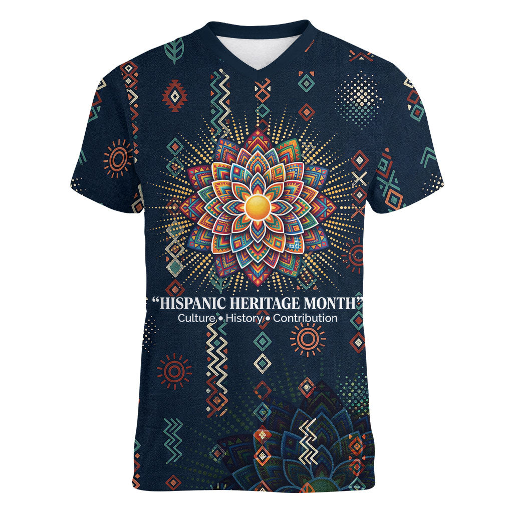 Hispanic Heritage Month Women V-Neck T-Shirt Colorful Aztec Mandala - Latin American Flags Culture History