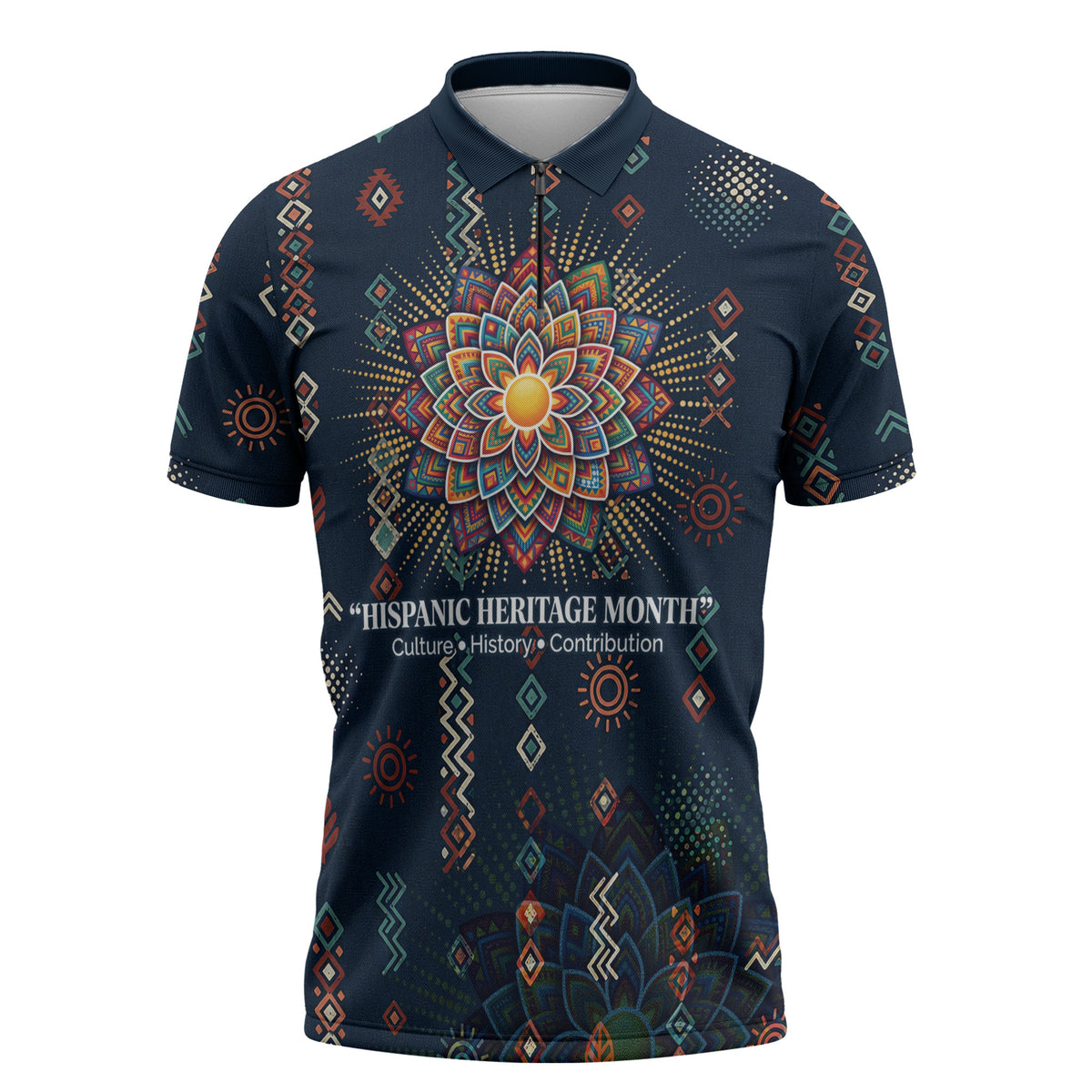 Hispanic Heritage Month Zipper Polo Shirt Colorful Aztec Mandala - Latin American Flags Culture History