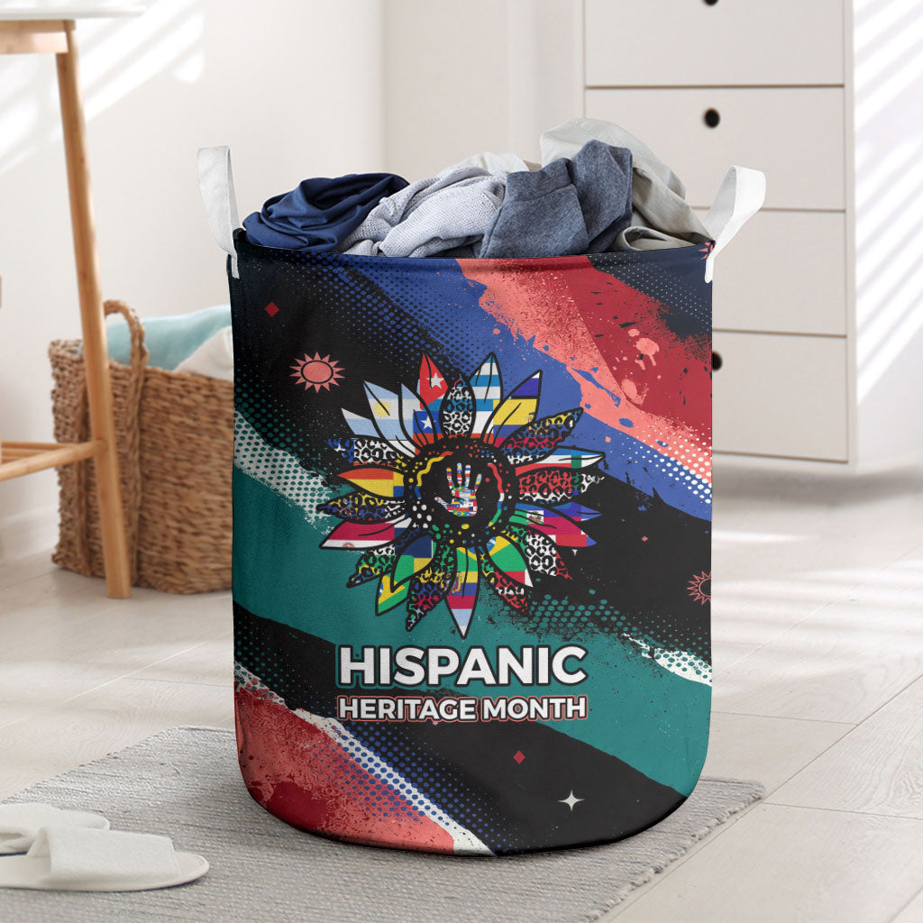 Hispanic Heritage Month Unidos We Rise Laundry Basket Vibrant Sunflower Flags - Globe Graphic With Splatter Paint