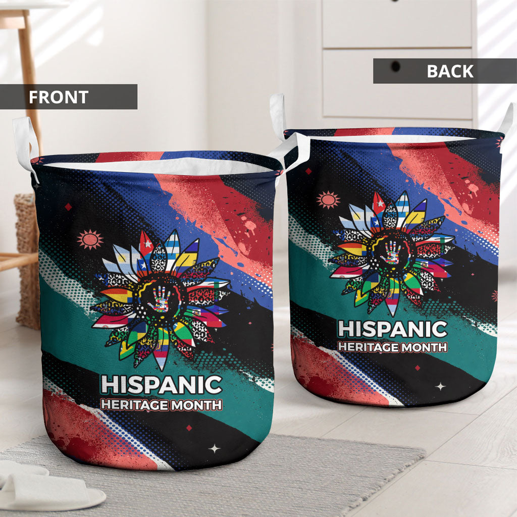 Hispanic Heritage Month Unidos We Rise Laundry Basket Vibrant Sunflower Flags - Globe Graphic With Splatter Paint