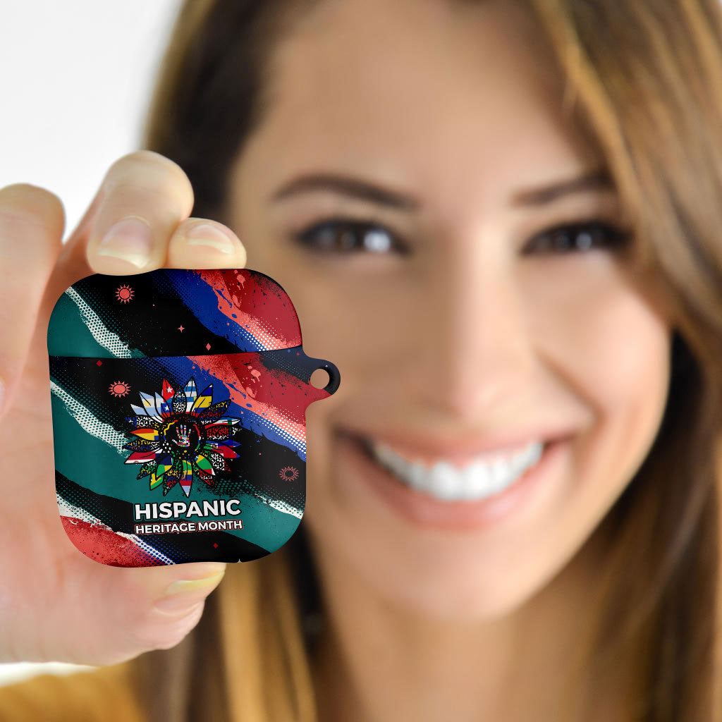 Hispanic Heritage Month Unidos We Rise AirPods Case Vibrant Sunflower Flags - Globe Graphic With Splatter Paint