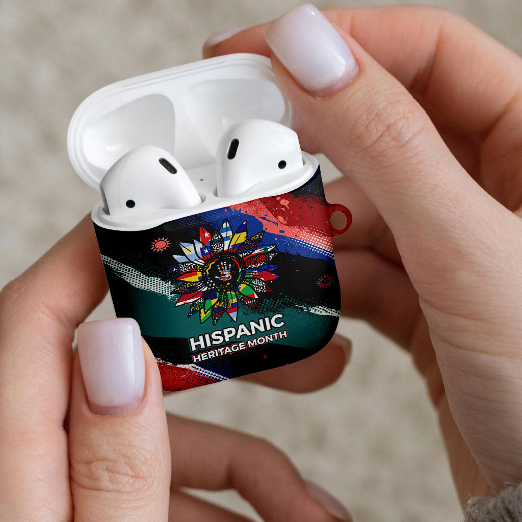Hispanic Heritage Month Unidos We Rise AirPods Case Vibrant Sunflower Flags - Globe Graphic With Splatter Paint