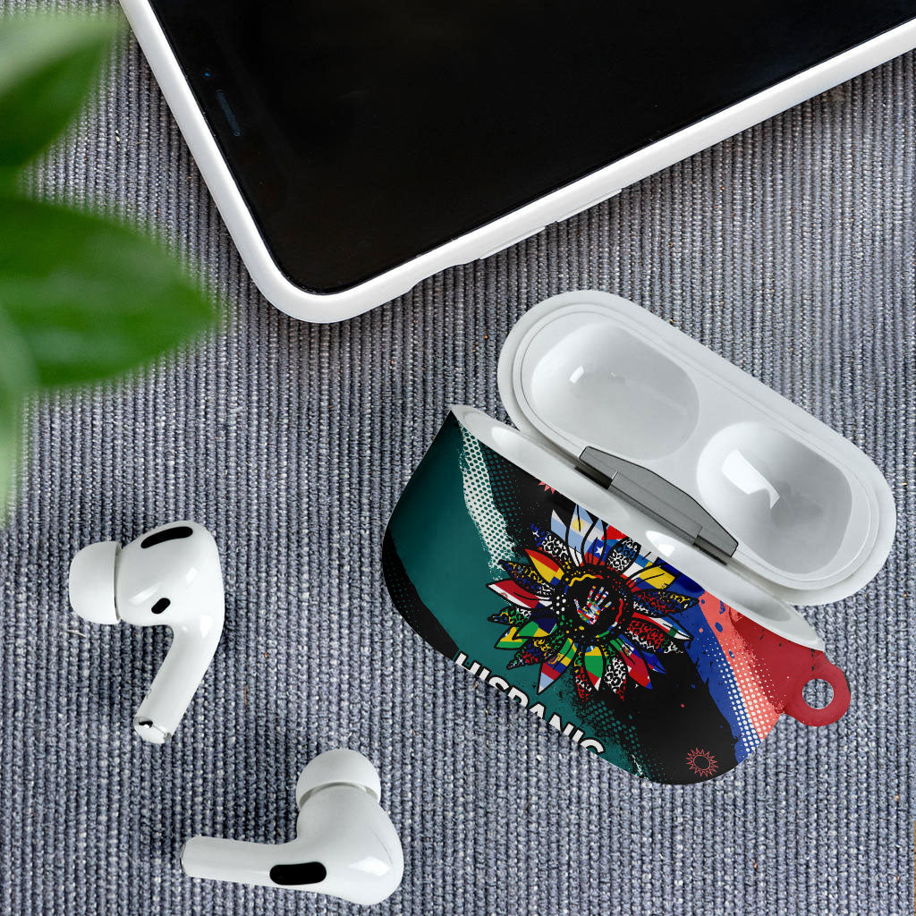 Hispanic Heritage Month Unidos We Rise AirPods Case Vibrant Sunflower Flags - Globe Graphic With Splatter Paint