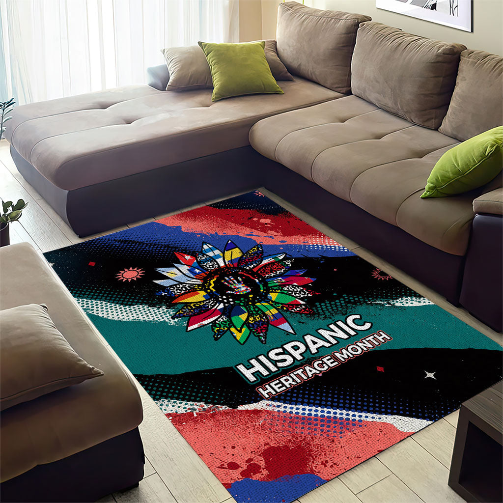 Hispanic Heritage Month Unidos We Rise Area Rug Vibrant Sunflower Flags - Globe Graphic With Splatter Paint