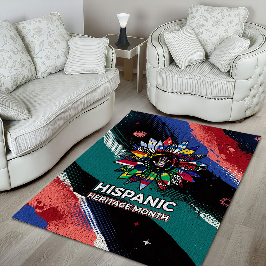 Hispanic Heritage Month Unidos We Rise Area Rug Vibrant Sunflower Flags - Globe Graphic With Splatter Paint
