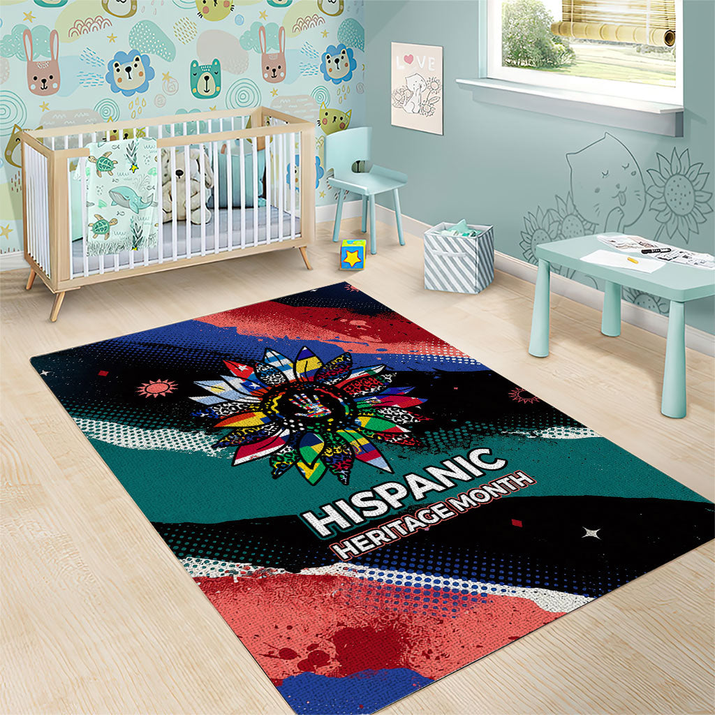 Hispanic Heritage Month Unidos We Rise Area Rug Vibrant Sunflower Flags - Globe Graphic With Splatter Paint