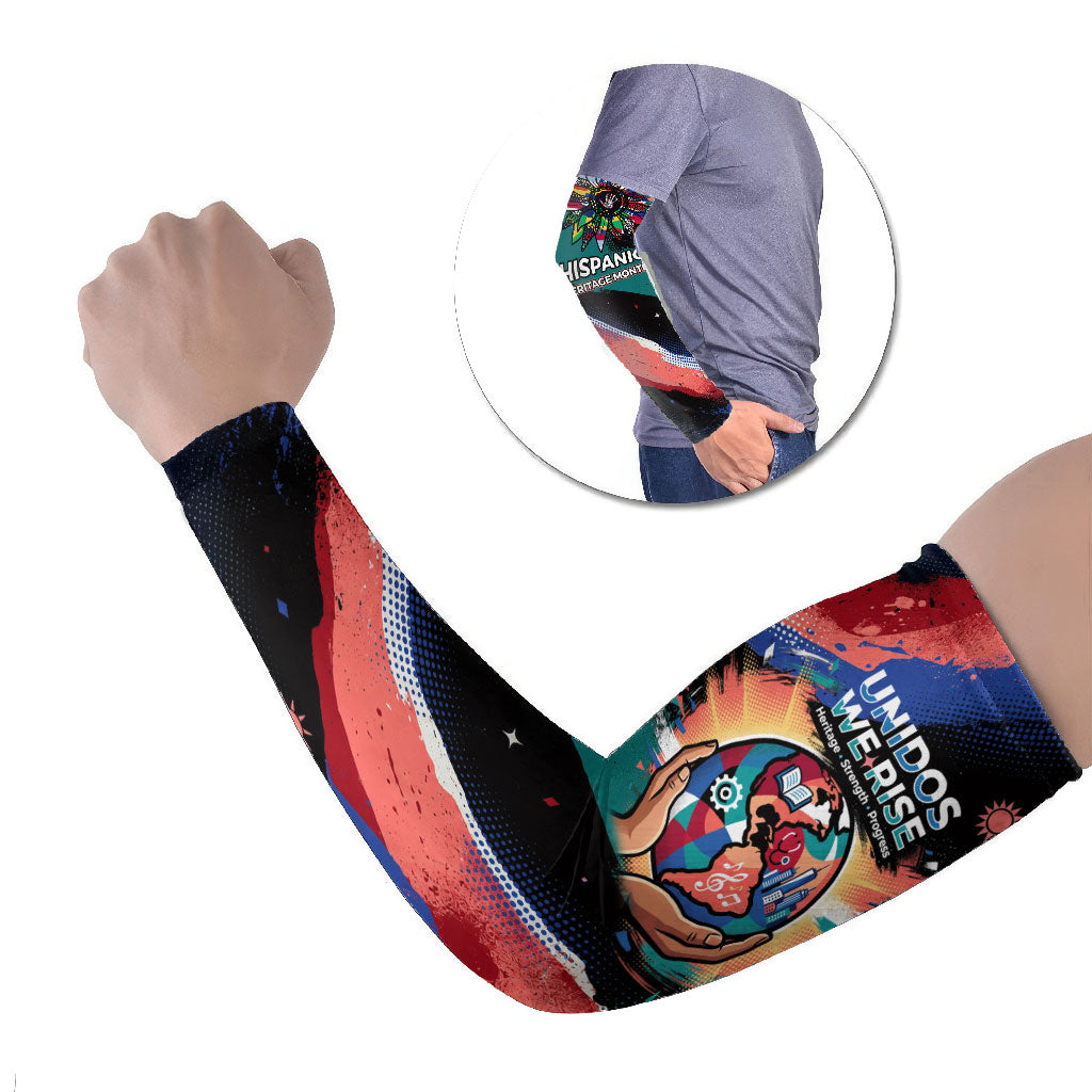 Hispanic Heritage Month Unidos We Rise Arm Sleeves Vibrant Sunflower Flags - Globe Graphic With Splatter Paint