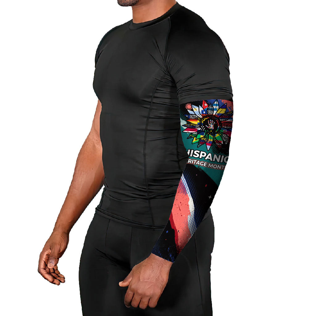 Hispanic Heritage Month Unidos We Rise Arm Sleeves Vibrant Sunflower Flags - Globe Graphic With Splatter Paint