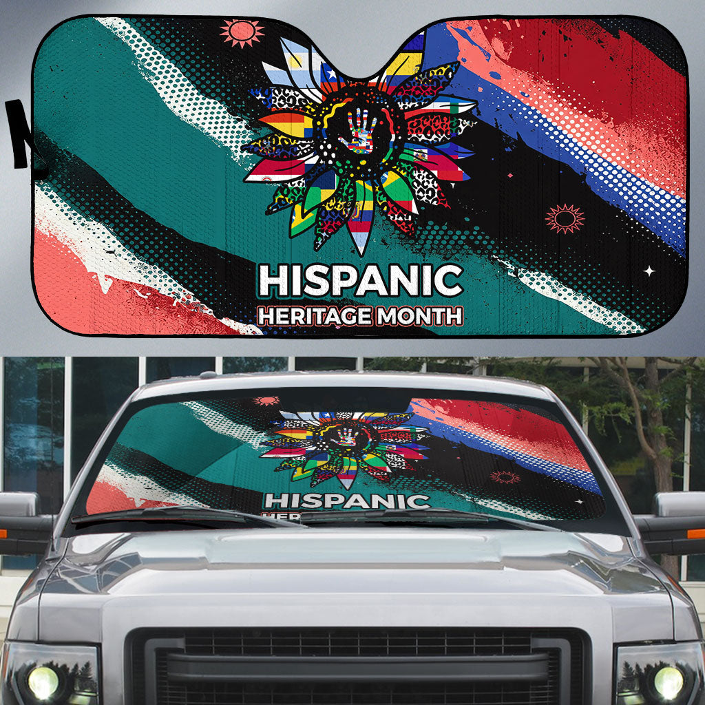 Hispanic Heritage Month Unidos We Rise Auto Sun Shade Vibrant Sunflower Flags - Globe Graphic With Splatter Paint