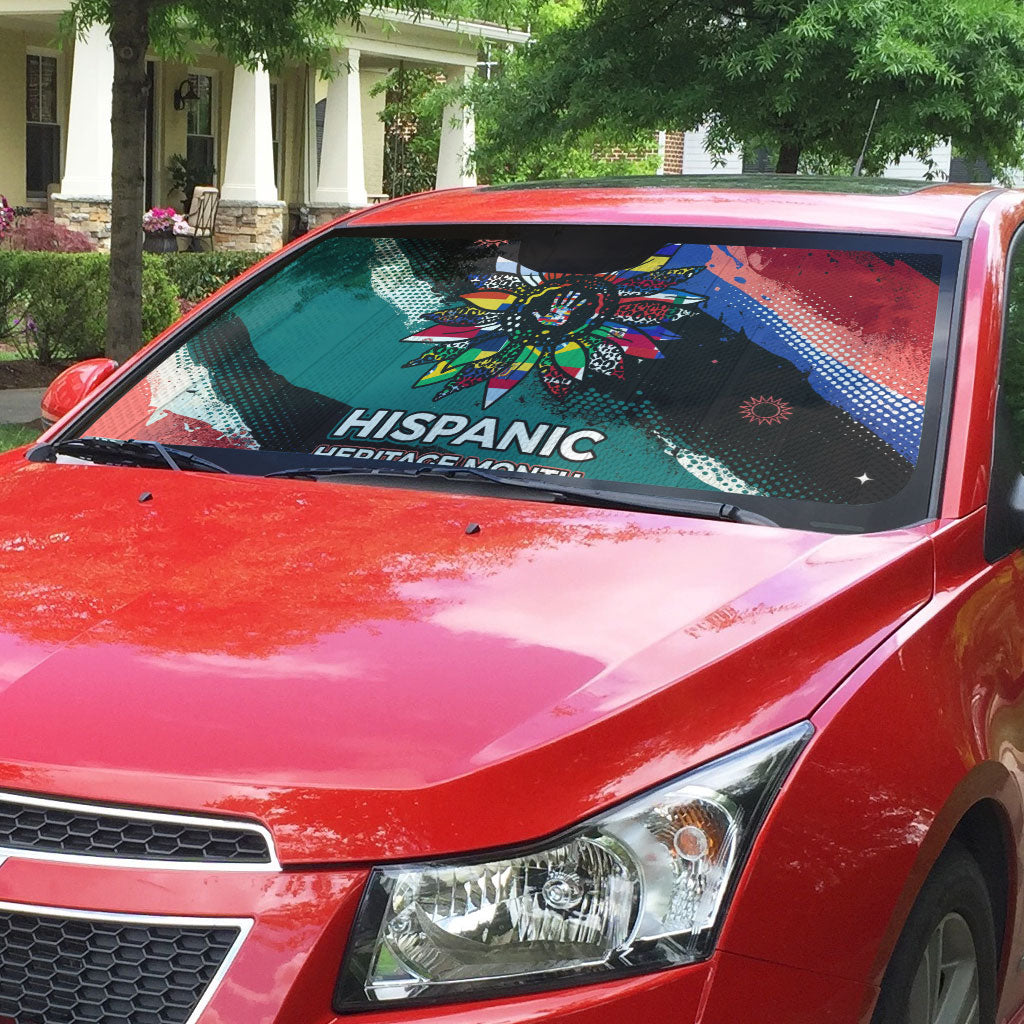Hispanic Heritage Month Unidos We Rise Auto Sun Shade Vibrant Sunflower Flags - Globe Graphic With Splatter Paint