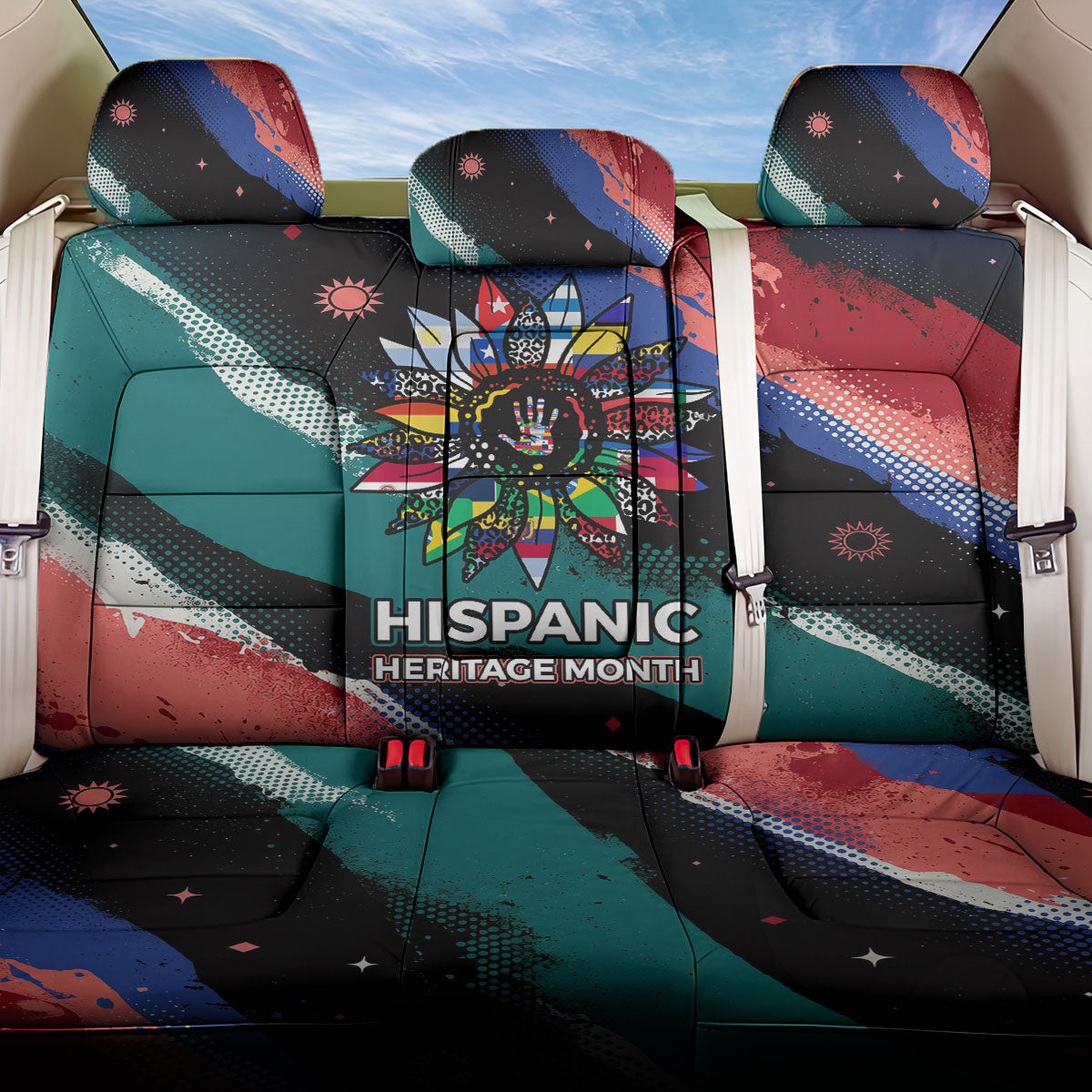 Hispanic Heritage Month Unidos We Rise Back Car Seat Cover Vibrant Sunflower Flags - Globe Graphic With Splatter Paint
