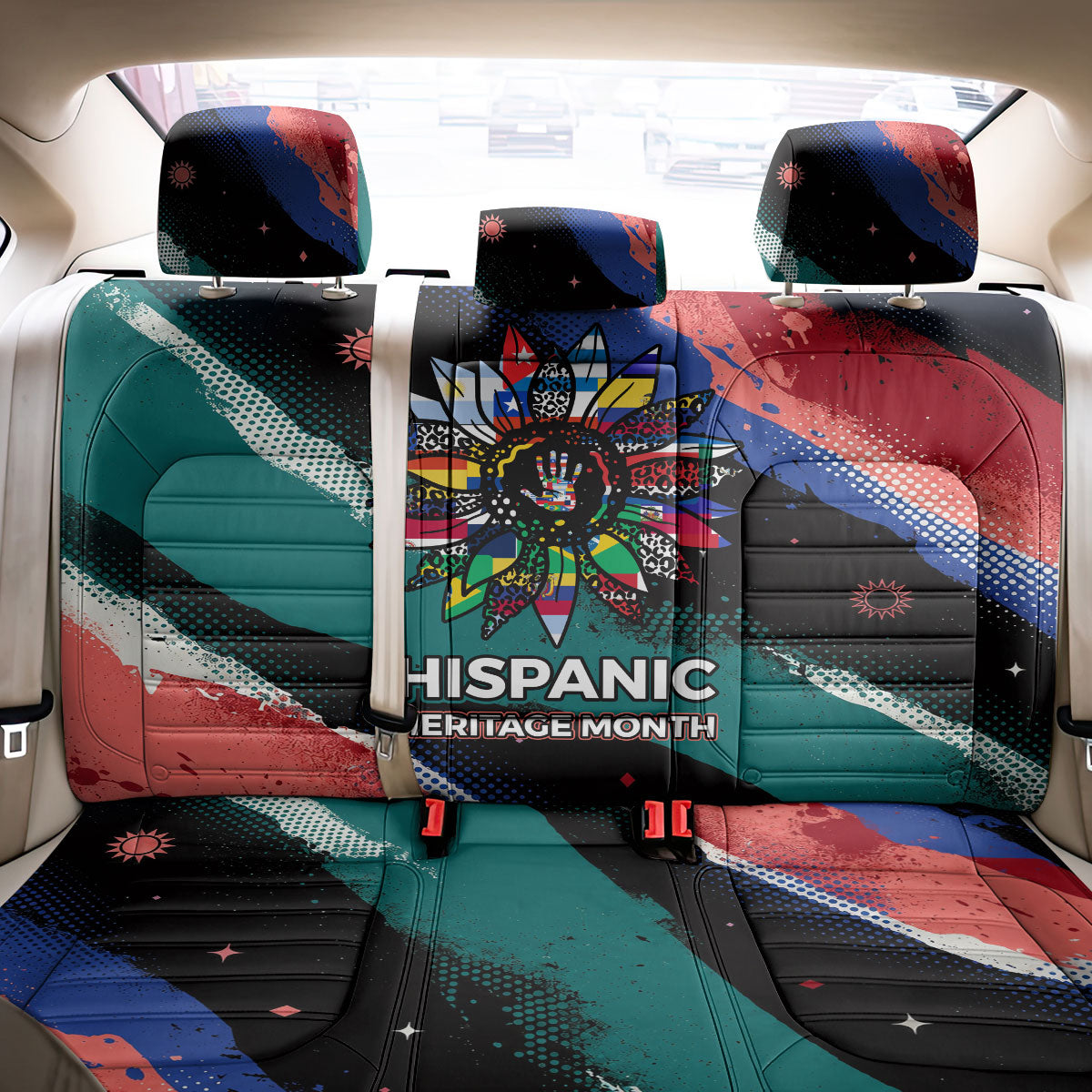 Hispanic Heritage Month Unidos We Rise Back Car Seat Cover Vibrant Sunflower Flags - Globe Graphic With Splatter Paint