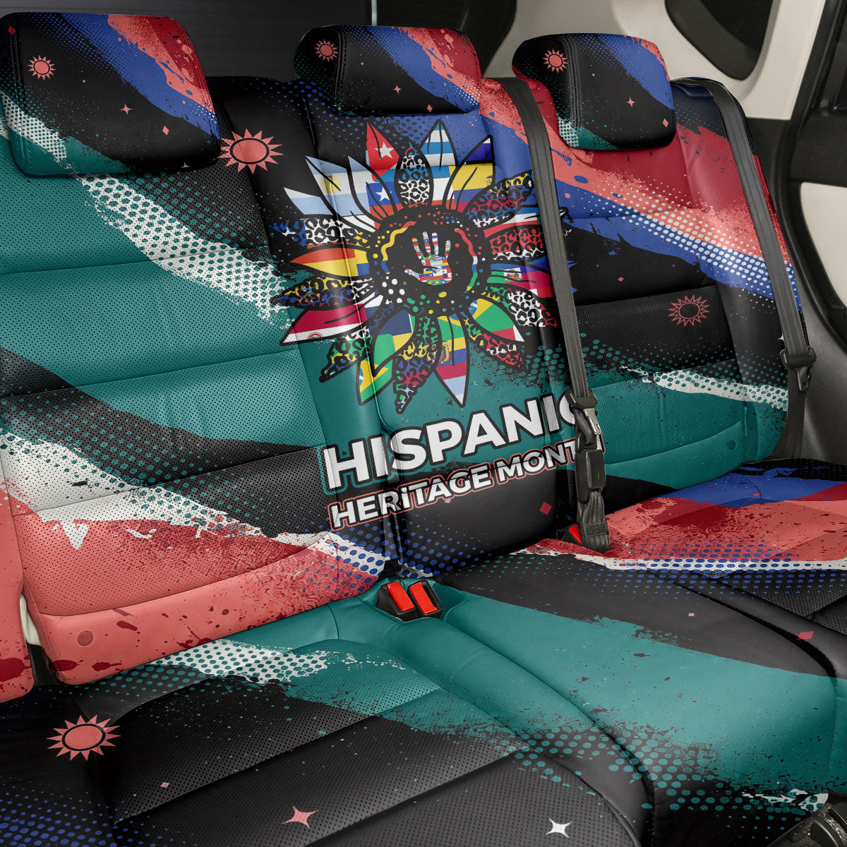 Hispanic Heritage Month Unidos We Rise Back Car Seat Cover Vibrant Sunflower Flags - Globe Graphic With Splatter Paint