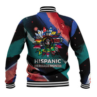 Hispanic Heritage Month Unidos We Rise Baseball Jacket Vibrant Sunflower Flags - Globe Graphic With Splatter Paint