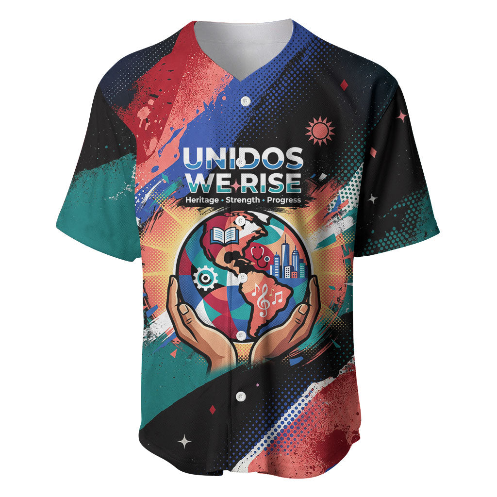 Hispanic Heritage Month Unidos We Rise Baseball Jersey Vibrant Sunflower Flags - Globe Graphic With Splatter Paint