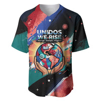 Hispanic Heritage Month Unidos We Rise Baseball Jersey Vibrant Sunflower Flags - Globe Graphic With Splatter Paint