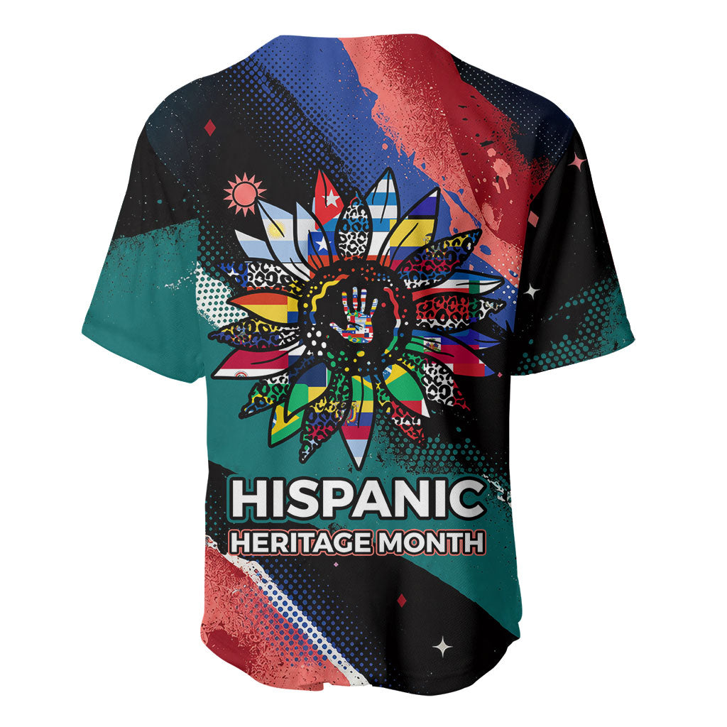 Hispanic Heritage Month Unidos We Rise Baseball Jersey Vibrant Sunflower Flags - Globe Graphic With Splatter Paint