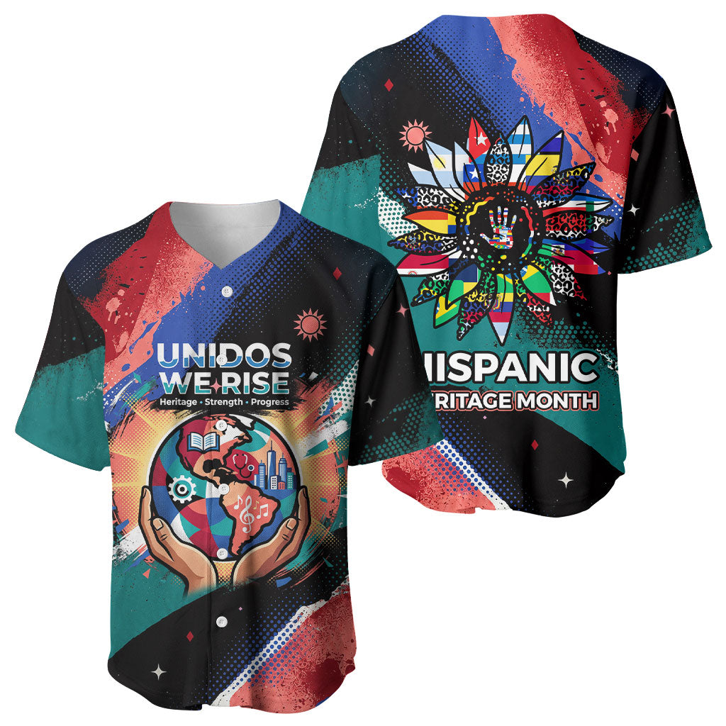 Hispanic Heritage Month Unidos We Rise Baseball Jersey Vibrant Sunflower Flags - Globe Graphic With Splatter Paint