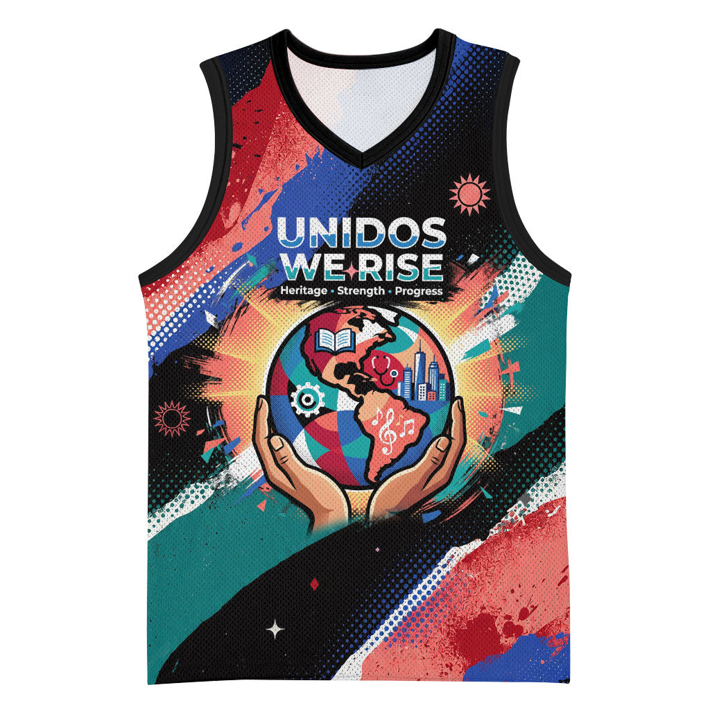 Hispanic Heritage Month Unidos We Rise Basketball Jersey Vibrant Sunflower Flags - Globe Graphic With Splatter Paint