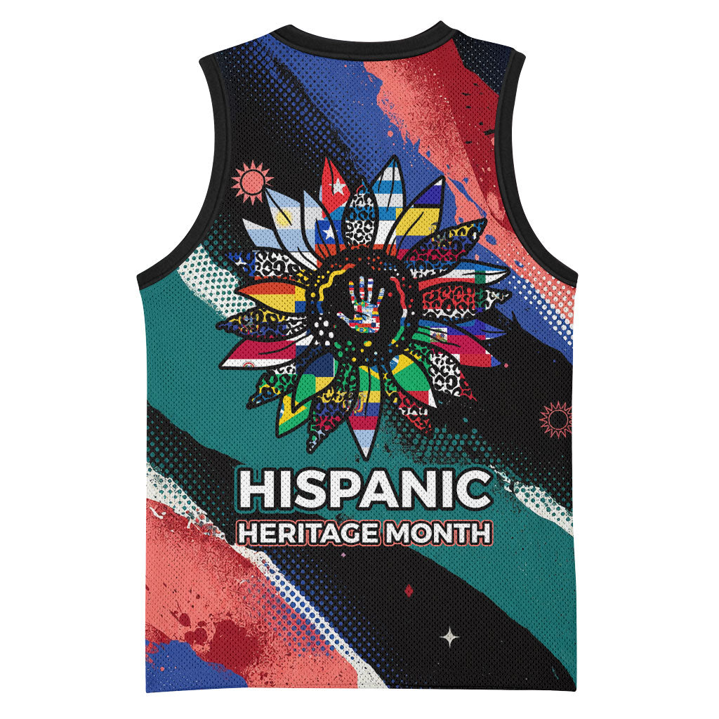 Hispanic Heritage Month Unidos We Rise Basketball Jersey Vibrant Sunflower Flags - Globe Graphic With Splatter Paint