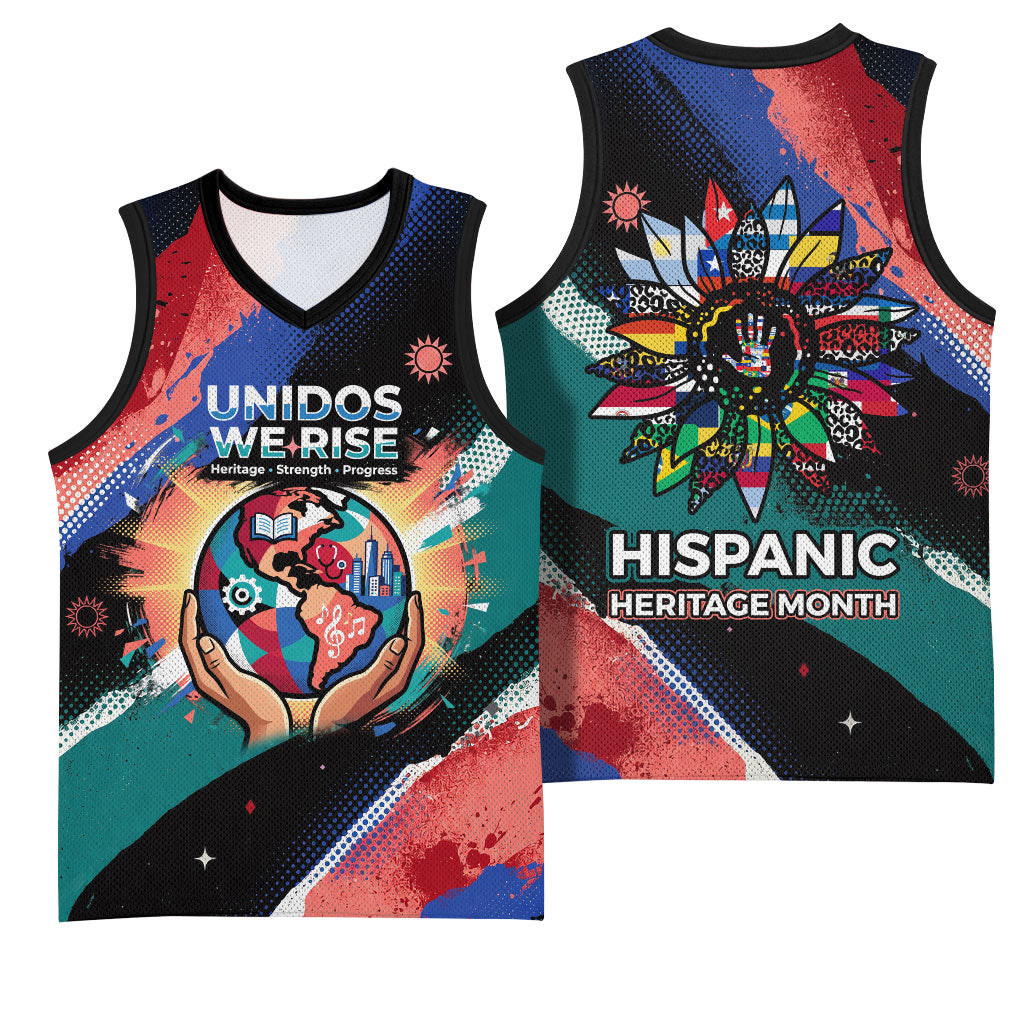 Hispanic Heritage Month Unidos We Rise Basketball Jersey Vibrant Sunflower Flags - Globe Graphic With Splatter Paint
