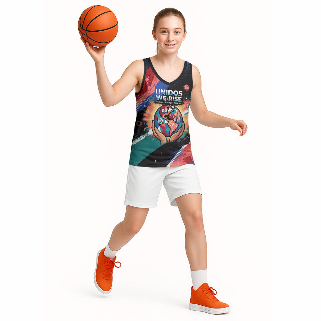 Hispanic Heritage Month Unidos We Rise Basketball Jersey Vibrant Sunflower Flags - Globe Graphic With Splatter Paint