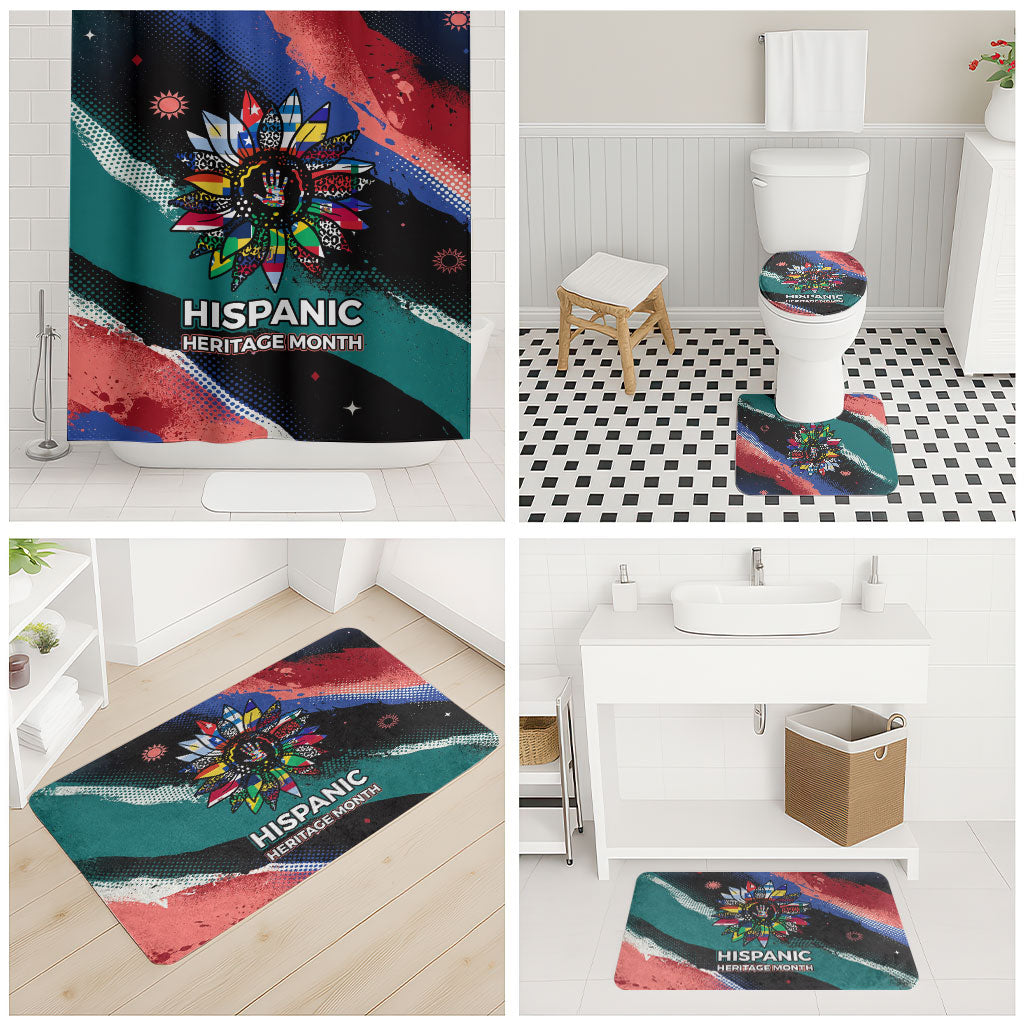 Hispanic Heritage Month Unidos We Rise Bathroom Set Vibrant Sunflower Flags - Globe Graphic With Splatter Paint