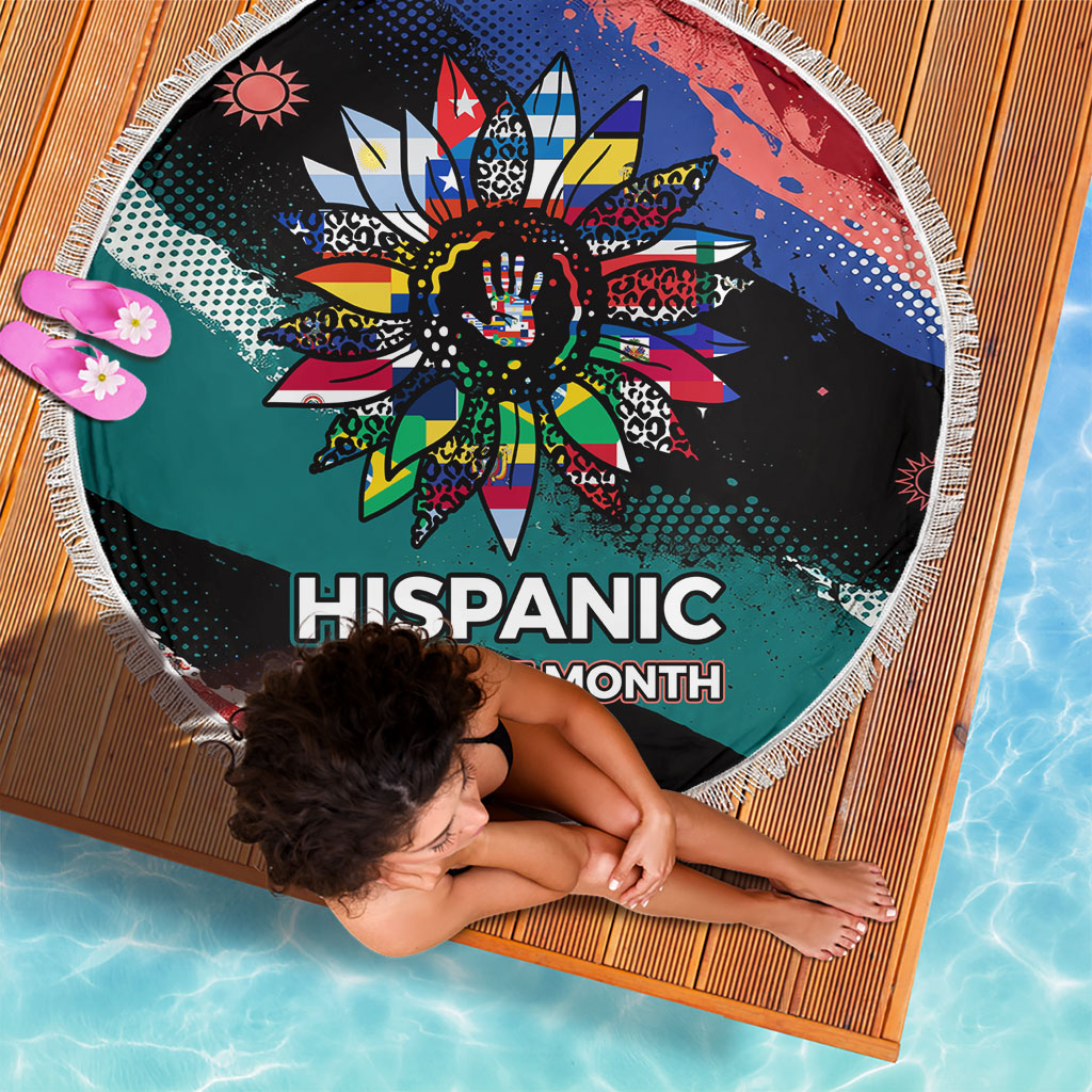 Hispanic Heritage Month Unidos We Rise Beach Blanket Vibrant Sunflower Flags - Globe Graphic With Splatter Paint