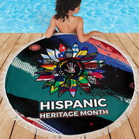 Hispanic Heritage Month Unidos We Rise Beach Blanket Vibrant Sunflower Flags - Globe Graphic With Splatter Paint