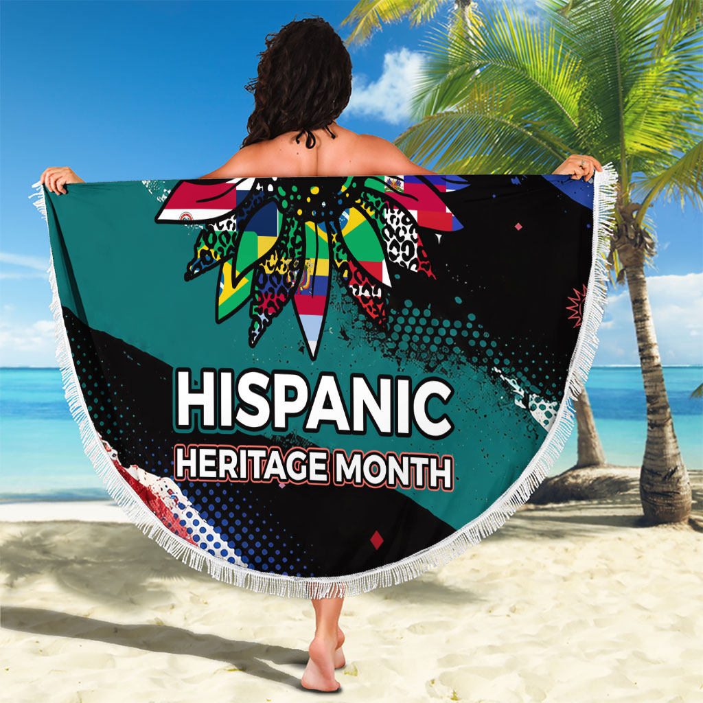 Hispanic Heritage Month Unidos We Rise Beach Blanket Vibrant Sunflower Flags - Globe Graphic With Splatter Paint
