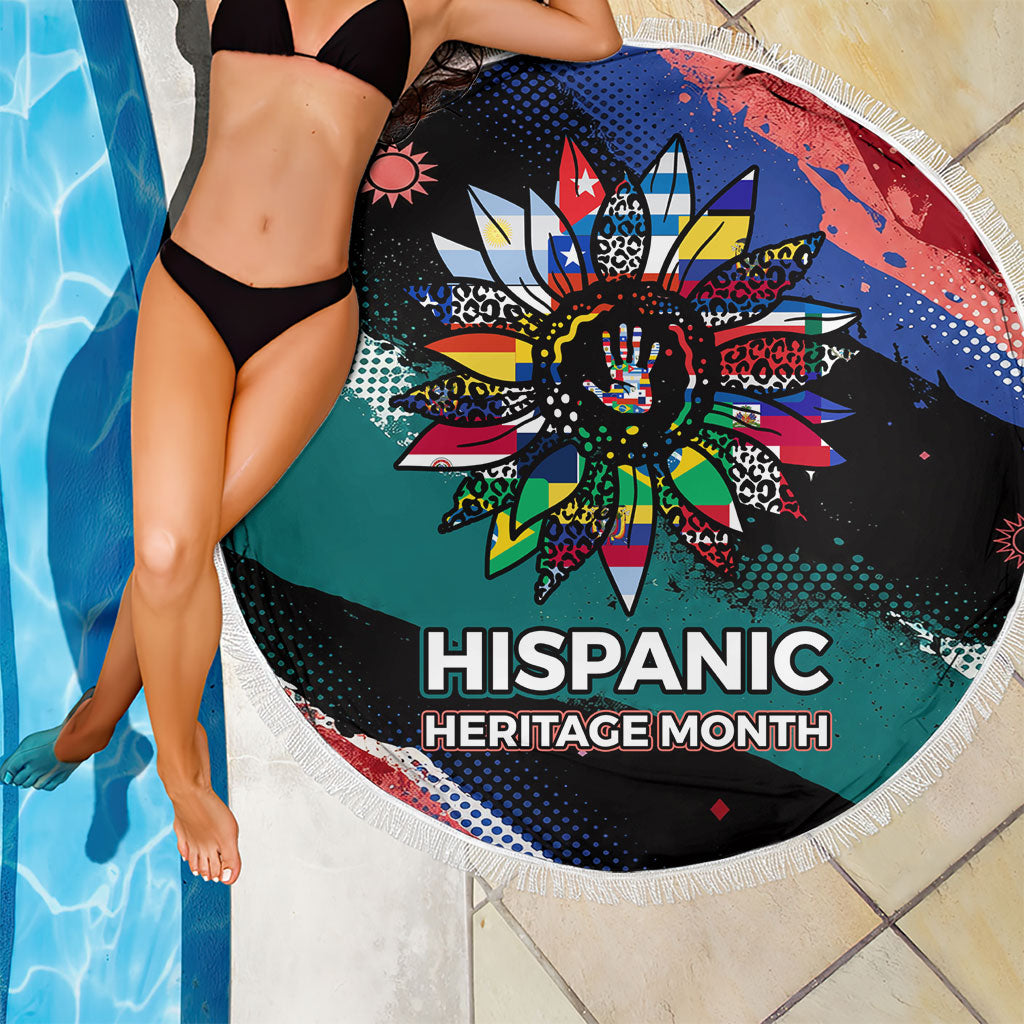Hispanic Heritage Month Unidos We Rise Beach Blanket Vibrant Sunflower Flags - Globe Graphic With Splatter Paint