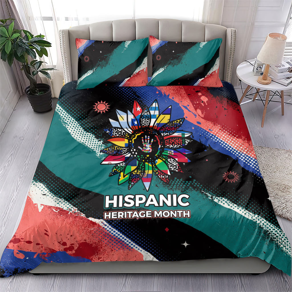 Hispanic Heritage Month Unidos We Rise Bedding Set Vibrant Sunflower Flags - Globe Graphic With Splatter Paint