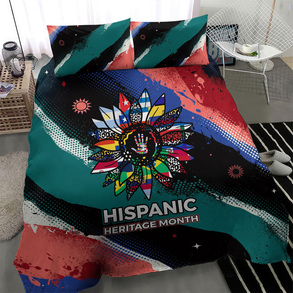 Hispanic Heritage Month Unidos We Rise Bedding Set Vibrant Sunflower Flags - Globe Graphic With Splatter Paint