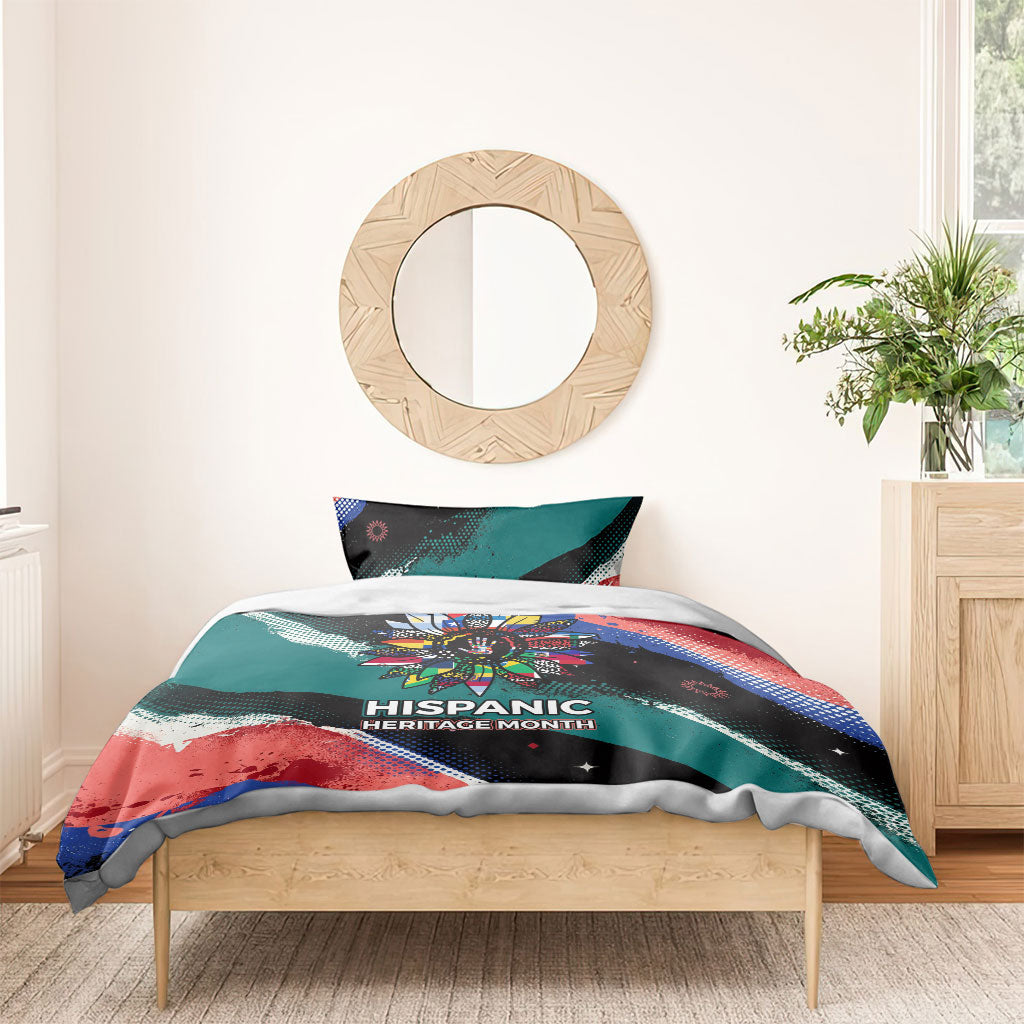 Hispanic Heritage Month Unidos We Rise Bedding Set Vibrant Sunflower Flags - Globe Graphic With Splatter Paint