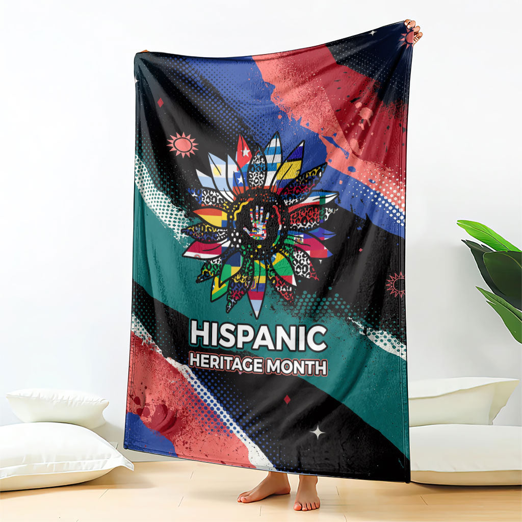 Hispanic Heritage Month Unidos We Rise Blanket Vibrant Sunflower Flags - Globe Graphic With Splatter Paint