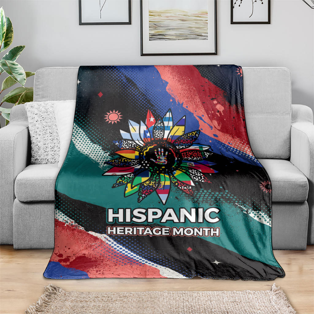 Hispanic Heritage Month Unidos We Rise Blanket Vibrant Sunflower Flags - Globe Graphic With Splatter Paint