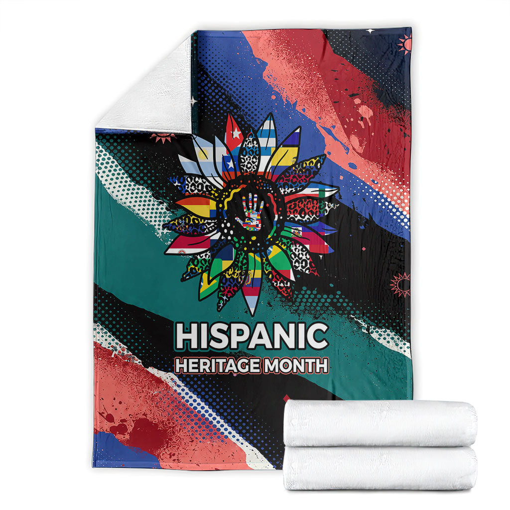 Hispanic Heritage Month Unidos We Rise Blanket Vibrant Sunflower Flags - Globe Graphic With Splatter Paint