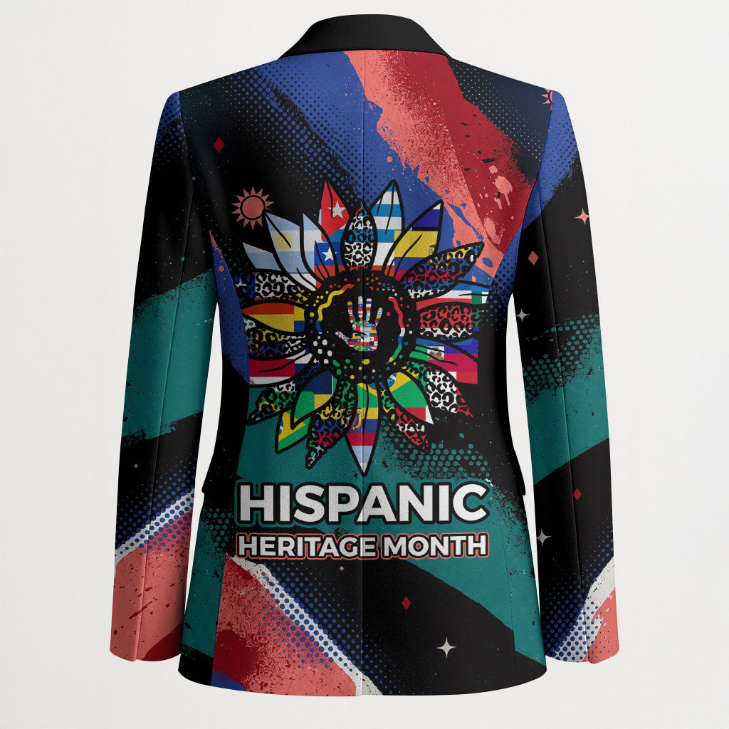 Hispanic Heritage Month Unidos We Rise Blazer Vibrant Sunflower Flags - Globe Graphic With Splatter Paint