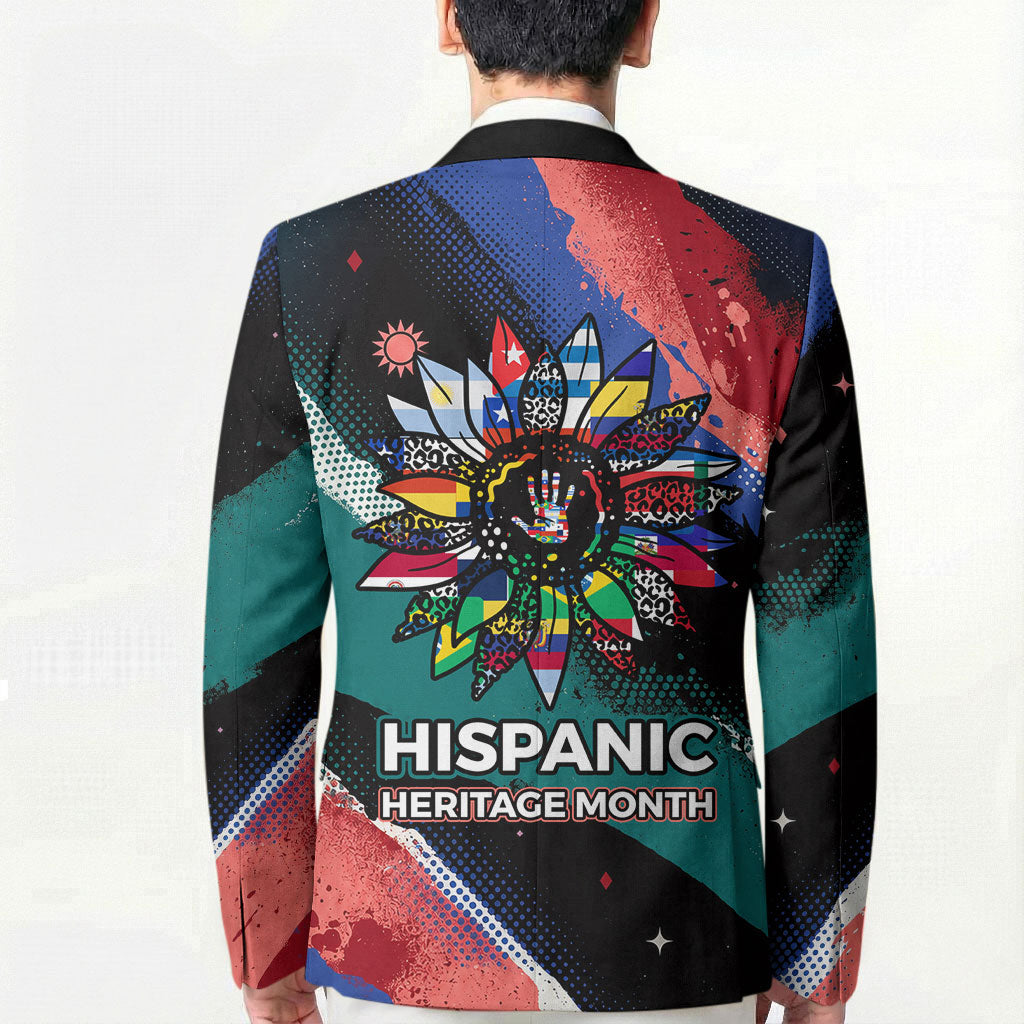 Hispanic Heritage Month Unidos We Rise Blazer Vibrant Sunflower Flags - Globe Graphic With Splatter Paint