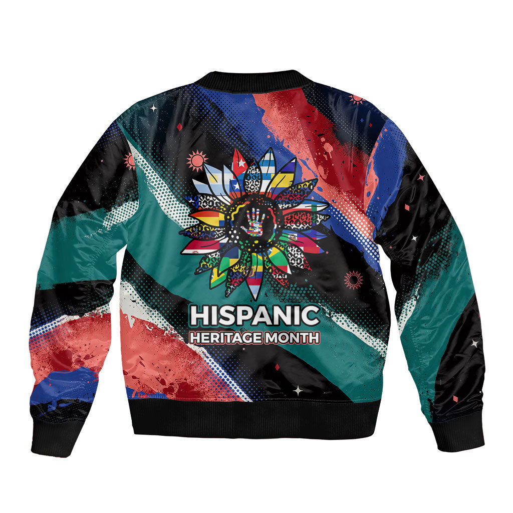 Hispanic Heritage Month Unidos We Rise Bomber Jacket Vibrant Sunflower Flags - Globe Graphic With Splatter Paint