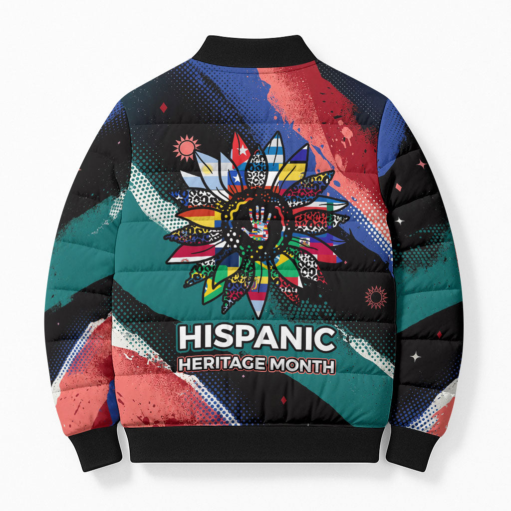Hispanic Heritage Month Unidos We Rise Bomber Puffer Jacket Vibrant Sunflower Flags - Globe Graphic With Splatter Paint