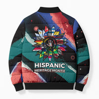 Hispanic Heritage Month Unidos We Rise Bomber Puffer Jacket Vibrant Sunflower Flags - Globe Graphic With Splatter Paint