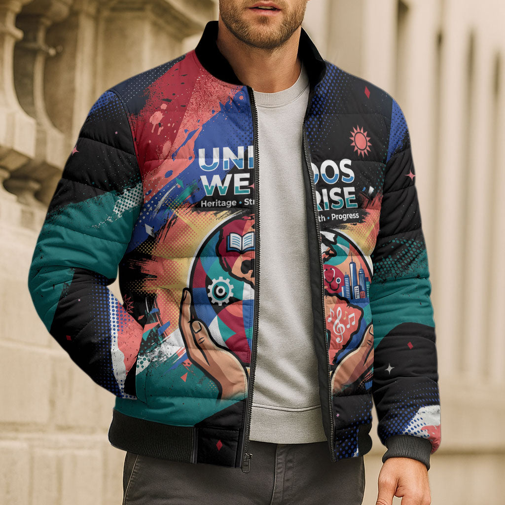 Hispanic Heritage Month Unidos We Rise Bomber Puffer Jacket Vibrant Sunflower Flags - Globe Graphic With Splatter Paint