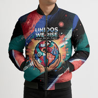 Hispanic Heritage Month Unidos We Rise Bomber Puffer Jacket Vibrant Sunflower Flags - Globe Graphic With Splatter Paint