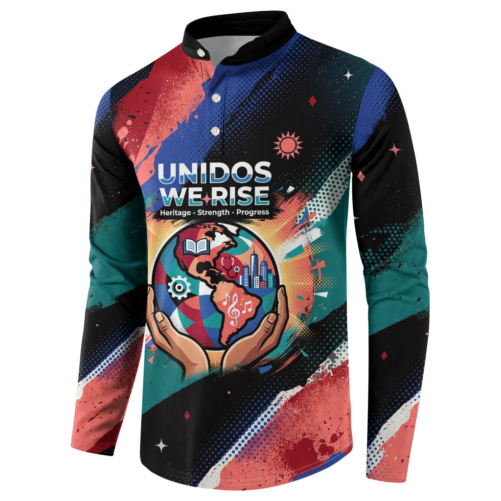 Hispanic Heritage Month Unidos We Rise Button Sweatshirt Vibrant Sunflower Flags - Globe Graphic With Splatter Paint