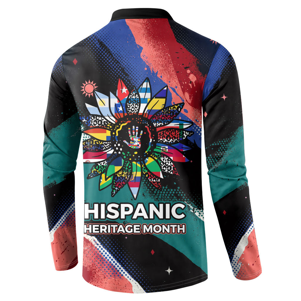 Hispanic Heritage Month Unidos We Rise Button Sweatshirt Vibrant Sunflower Flags - Globe Graphic With Splatter Paint