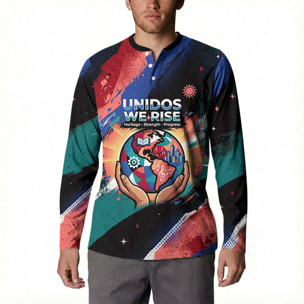 Hispanic Heritage Month Unidos We Rise Button Sweatshirt Vibrant Sunflower Flags - Globe Graphic With Splatter Paint