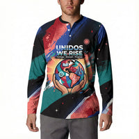 Hispanic Heritage Month Unidos We Rise Button Sweatshirt Vibrant Sunflower Flags - Globe Graphic With Splatter Paint