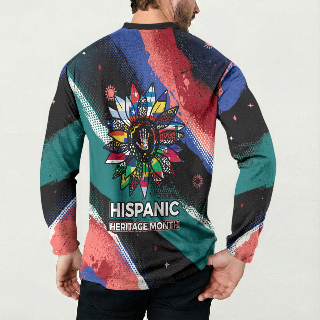 Hispanic Heritage Month Unidos We Rise Button Sweatshirt Vibrant Sunflower Flags - Globe Graphic With Splatter Paint