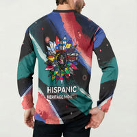 Hispanic Heritage Month Unidos We Rise Button Sweatshirt Vibrant Sunflower Flags - Globe Graphic With Splatter Paint